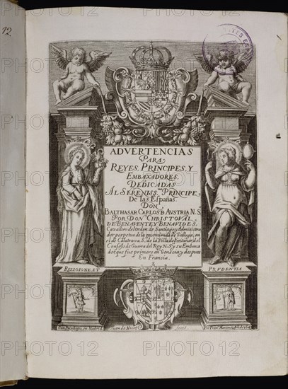 BENAVENTE Y BENAVIDES C
GRABADO-ADVERTENCIAS PARA REYES,PRINCIPES Y EMBAJADORES DEDICADAS A BALTASAR CARLOS DE AUSTRIA-MADRI
MADRID, CONGRESO DE LOS DIPUTADOS-BIBLIOTECA
MADRID
