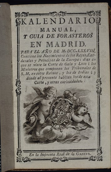 CALENDARIO-MANUAL Y GUIA DE FORASTEROS DE MADRID AÑO 1778-IMPRENTA REAL DE LA GAZETA
MADRID, CONGRESO DE LOS DIPUTADOS-BIBLIOTECA
MADRID

This image is not downloadable. Contact us for the high res.