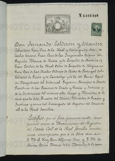 FDO CALDERON COLLANTES CERTIFICA SOBRE REGISTRO CIVIL DE LA FAMILIA REAL:ALFONSO XII Y MªMERDECES
MADRID, CONGRESO DE LOS DIPUTADOS-BIBLIOTECA
MADRID