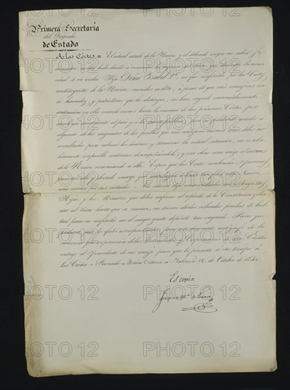 ESCRITO DE MARIA CRISTINA RENUNCIANDO A LA REGENCIA DE ISABEL II-MADRID 12/10/1840
MADRID, CONGRESO DE LOS DIPUTADOS-BIBLIOTECA
MADRID