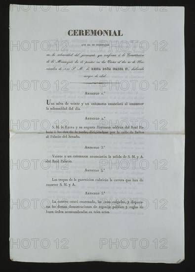 CEREMONIAL QUE HA DE OBSERVARSE EN EL JURAMENTO EL 10/11/1843 S.M.ISABEL II DECLARADA MAYOR DE EDAD
MADRID, CONGRESO DE LOS DIPUTADOS-BIBLIOTECA
MADRID