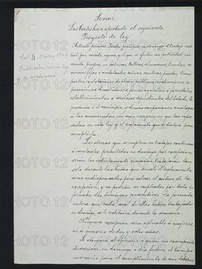 LAS CORTES APRUEBAN PROYECTO DE LEY  4/3/1904"SOBRE EL TRABAJO EN DOMINGO"
MADRID, CONGRESO DE LOS DIPUTADOS-BIBLIOTECA
MADRID

This image is not downloadable. Contact us for the high res.