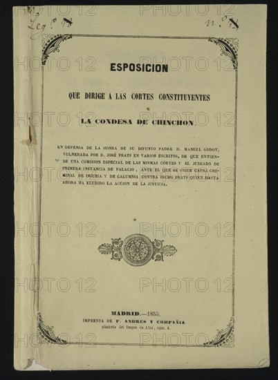 EXPOSICION DIRIGIDA A CORTES POR CDSA CHINCHON EN DEFENSA DE LA HONRA DE SU PADRE MANUEL GODOY-1855
MADRID, CONGRESO DE LOS DIPUTADOS-BIBLIOTECA
MADRID

This image is not downloadable. Contact us for the high res.