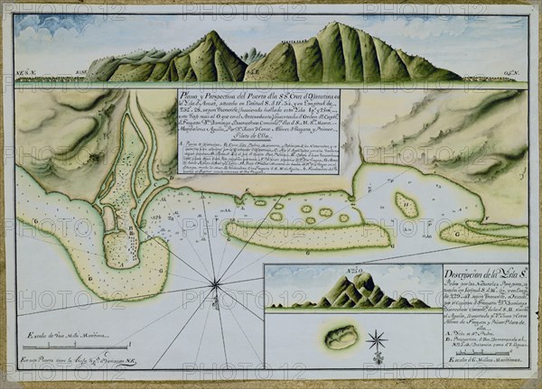 PLANO Y PERSPECTIVA DEL PUERTO DE SANTA CRUZ DE OJATUTIVA EN LA ISLA DE AMAT
MADRID, MUSEO NAVAL
MADRID