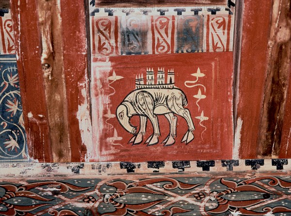 DET- ALFARJE DEL CORO- MADERA POLICROMADA- ARTE MUDEJAR S XIII-XIV- ANIMAL CARGANDO UNA TORRE
PUEBLA DE CASTRO, IGLESIA DE SAN ROMAN DE CASTRO
HUESCA