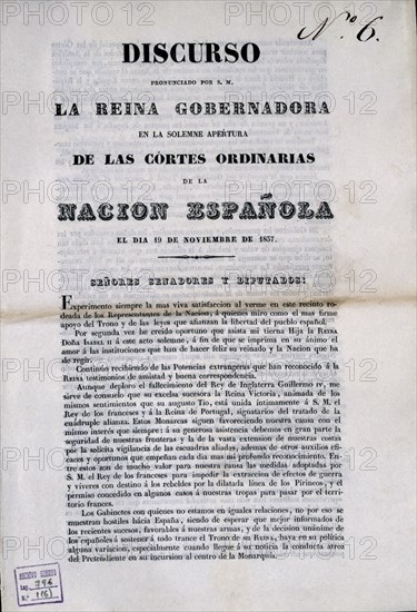 DISCURSO PRONUNCIADO POR LA REINA (Mª CRISTINA DE BORBON) APERTURA DE CORTES ORDINARIAS 19/11/1837
MADRID, SENADO-BIBLIOTECA
MADRID
