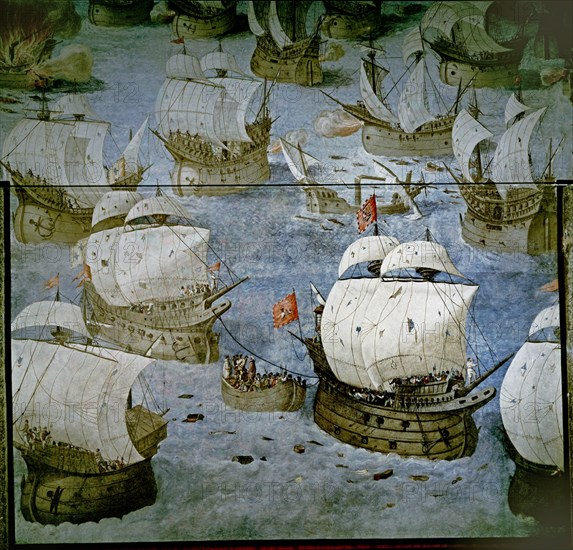 GRANELLO/TAVARON/CASTELLO/CAMBIASSO
BATALLA NAVAL EN LAS AZORES (1571)- CONQUISTA DE LA TERCERA ISLA- PINTURA AL FRESCO 1585- RESTAURADA
SAN LORENZO DEL ESCORIAL, MONASTERIO-INTERIOR
MADRID