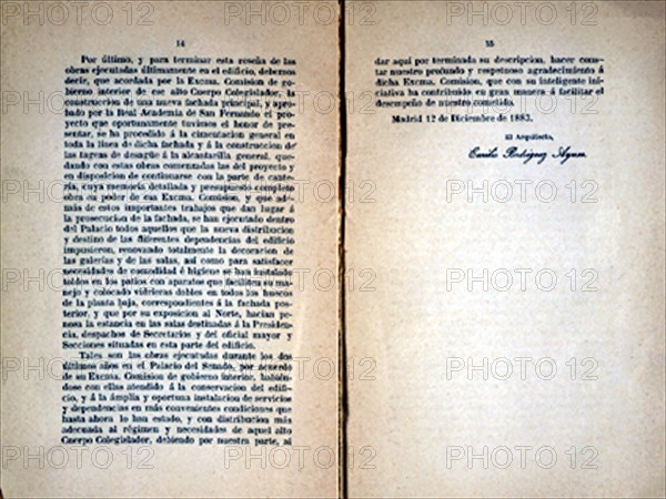 RODRIGUEZ AYUSO EMILIO 1845/1891
PAGINAS DE LA MEMORIA DESCRIPTIVA DE LAS OBRAS EJECUTADAS EN EL SENADO DURANTE 1882 Y 83
MADRID, SENADO-BIBLIOTECA
MADRID