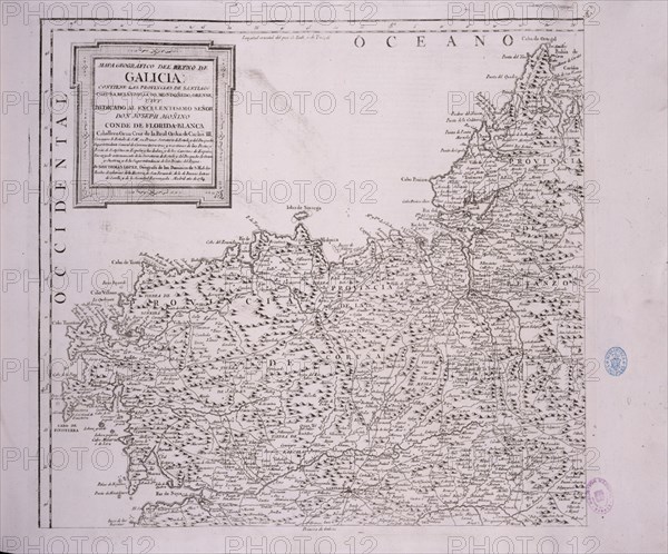 LOPEZ TOMAS 1730/1802
MAPA DEL REINO DE GALICIA DEDICADO A JOSE MOÑINO CONDE DE FLORIDABLANCA -  1784 - (1ª PARTE)
MADRID, BIBLIOTECA NACIONAL MAPAS
MADRID