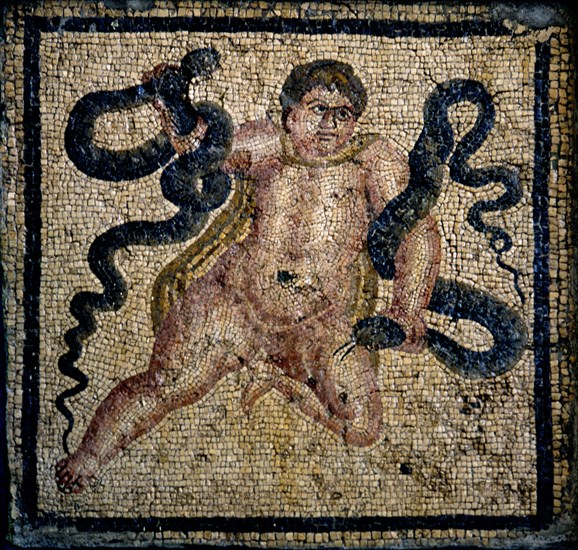 HERCULES ESTRANGULANDO A LAS SERPIENTES - MOSAICO ROMANO - S II
ANTIOQUIA, MUSEO ARQUEOLOGICO
TURQUIA

This image is not downloadable. Contact us for the high res.