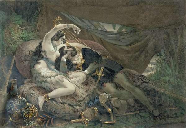 MAURIN NICOLAS
LA MEXICANA ALAIDA CON HERNAN CORTES EN SU TIENDA - S XIX - GRABADO COLOREADO
MADRID, MUSEO DE AMERICA
MADRID
