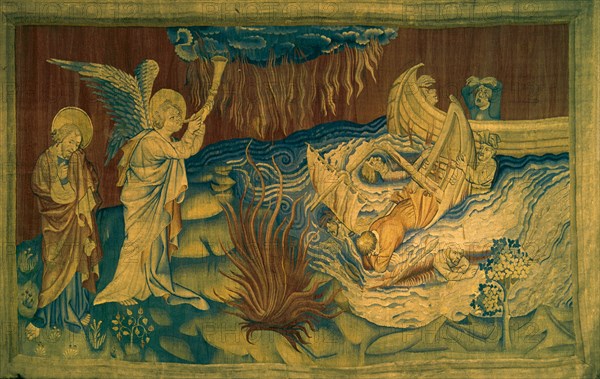 TAPIZ DEL APOCALIPSIS - ANGEL TOCANDO LA TROMPETA Y NAUFRAGIO ... -  (carton de J Bruges) - S XIV
ANGERS, CASTILLO
FRANCIA