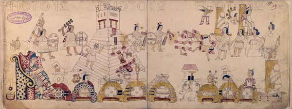Aztecs practicing human sacrifice in front of Axayacatl, Montezuma's father