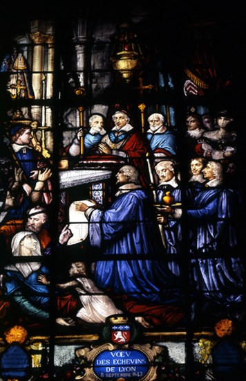 INTERIOR - CONSAGRACION DE LOS REGIDORES DE LYON EL 8 DE SEPTIEMBRE DE 1643 - VIDRIERA S XVII
LYON, BASILICA NOTRE DAME FOURVIERE
FRANCIA