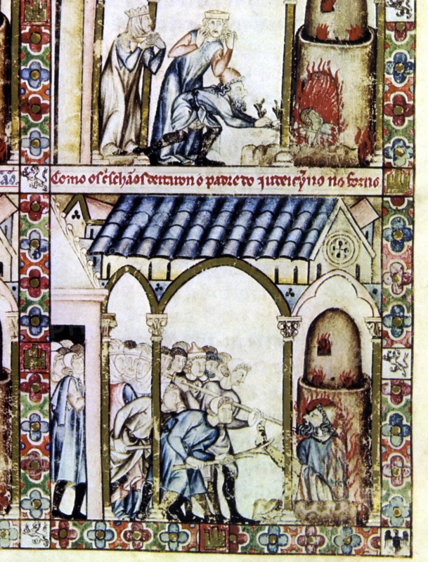 Christians throwing a Jewish father into a glass oven