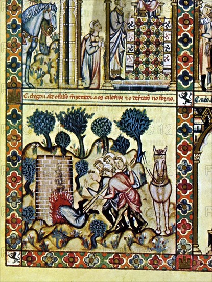 Alfonso X the Wise (1221-1284)
D-MTI1-Saint Mary Song # 78-F115V-E-ARROJAN AL FUEGO A UN CALUMNIADOR-HORNO DE CAL-13th century
Madrid, Library of the Monastery of El Escorial

This image is not downloadable. Contact us for the high res.