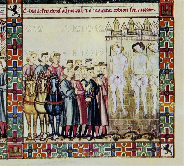 ALFONSO X EL SABIO 1221/84
D-MTI1-CANTIGA STA MARIA Nº193-F254-F-HOMICIDAS AJUSTICIADOS COLGADOS DE LAS ALMENAS-S XIII
SAN LORENZO DEL ESCORIAL, MONASTERIO-BIBLIOTECA
MADRID