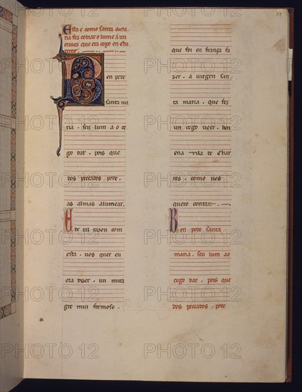 ALFONSO X EL SABIO 1221/84
MS B.R.20- CANTIGA STA MARIA Nº 362-F53R-TEXTO-ESTROFA EN VERSO GALAICO PORTUGUES- S XIII
FLORENCIA, BIBLIOTECA NACIONAL
ITALIA

This image is not downloadable. Contact us for the high res.