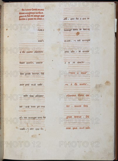 ALFONSO X EL SABIO 1221/84
MS B.R.20- CANTIGA STA MARIA Nº318-F62R-TEXTO-ESTROFA EN VERSO GALAICO PORTUGUES- S XIII
FLORENCIA, BIBLIOTECA NACIONAL
ITALIA

This image is not downloadable. Contact us for the high res.