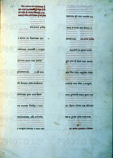 ALFONSO X EL SABIO 1221/84
MS B.R.20- CANTIGA STA MARIA Nº336-F125R-TEXTO-ESTROFA EN VERSO GALAICO PORTUGUES- S XIII
FLORENCIA, BIBLIOTECA NACIONAL
ITALIA