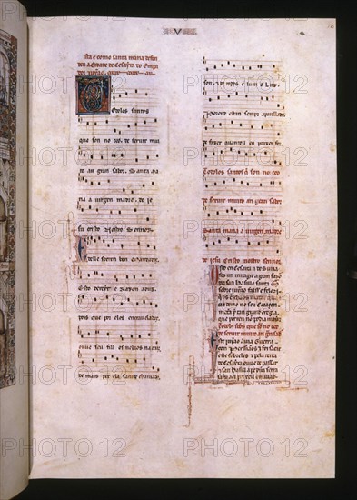 ALFONSO X EL SABIO 1221/84
MTI1-CANTIGA STA MARIA Nº5-F10R-TEXTO-ESTROFA EN VERSO GALAICO PORTUGUES-PENTAGRAMA MUSICAL
SAN LORENZO DEL ESCORIAL, MONASTERIO-BIBLIOTECA
MADRID

This image is not downloadable. Contact us for the high res.