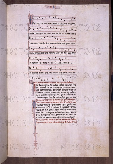 ALFONSO X EL SABIO 1221/84
MTI1-CANTIGA STA MARIA Nº15-F24R-TEXTO-ESTROFA EN VERSO GALAICO PORTUGUES-PENTAGRAMA MUSICAL
SAN LORENZO DEL ESCORIAL, MONASTERIO-BIBLIOTECA
MADRID

This image is not downloadable. Contact us for the high res.