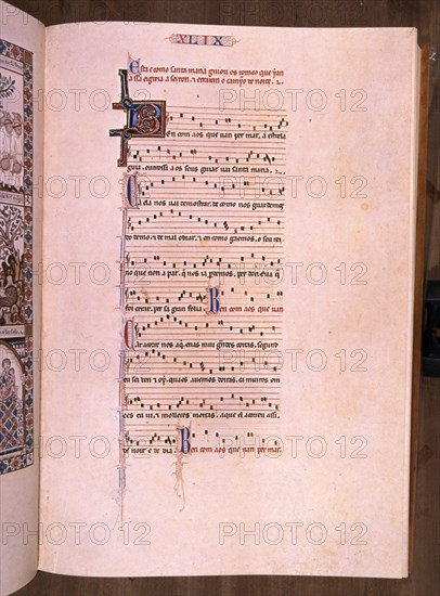 ALFONSO X EL SABIO 1221/84
MTI1-CANTIGA STA MARIA Nº49-F72R-PENTAGRAMA MUSICAL-ESTROFA EN VERSO GALAICO PORTUGUES-S XIII
SAN LORENZO DEL ESCORIAL, MONASTERIO-BIBLIOTECA
MADRID

This image is not downloadable. Contact us for the high res.