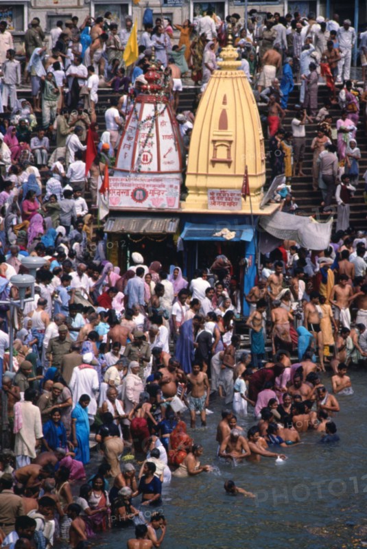 Hindu pilgrims bathing in the sacred Ganges at Hardwar