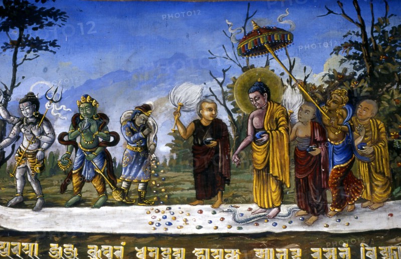 Peinture murale à Vihara-Lumpini, en Inde, illustrant la vie de Bouddha