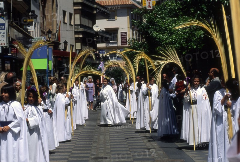 Pendant la "Semana santa" à Algeciras en Espagne, fillettes et jeunes femmes portent des branches de palmier