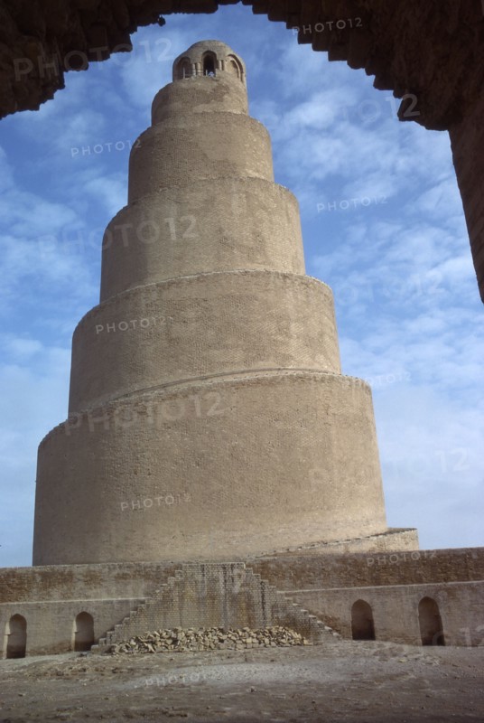 Brick spiral minaret at the Great Mosque in Samarra, Iraq, 1989