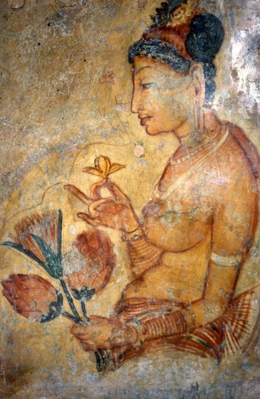 Fresques bouddhistes (peintures rupestres) à Sigiriya, Sri Lanka (5e siècle)