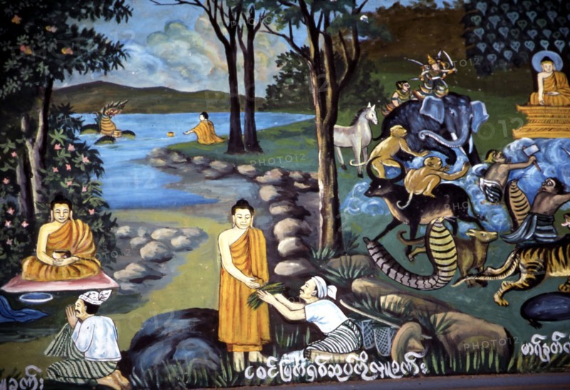 Fresque murale représentant Bouddha, en Birmanie