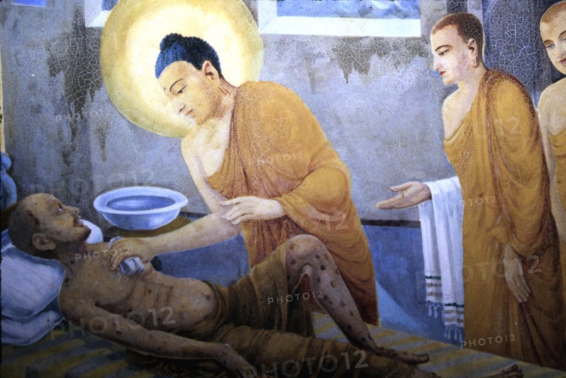 Vie de Bouddha, Bouddha soignant les malades, fresque murale au Sri Lanka