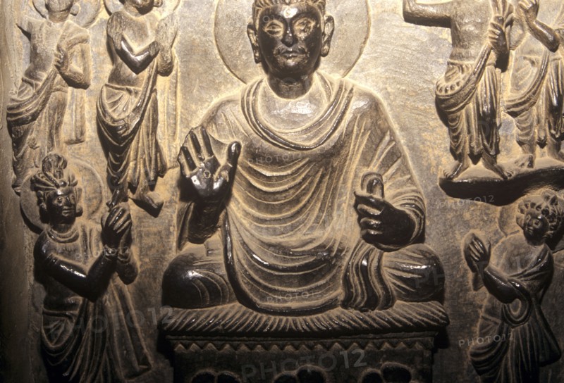 Bronse relief of seated Buddha, Gandhara 3BC, Lahore Museum Pakistan