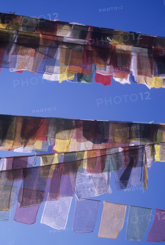 Buddhist prayer texta hanging outside a temple in Nepal