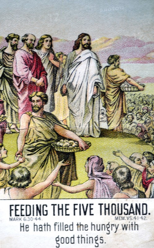 Old bible card depicting Jesus feeding the 5000