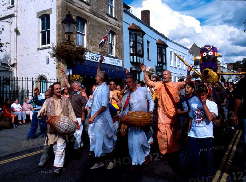 Hare Krishna group parading through Glastonbury England