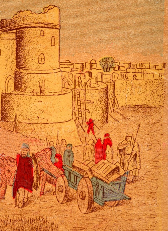 Antique bible card with art showing rebuilding the walls of Jerusalem