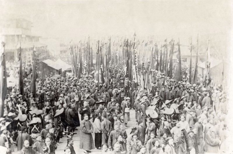 China, Chinese soldiers parading with their black banners