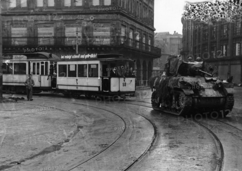 A French tank in a German town, after the Allies' victory (1945)