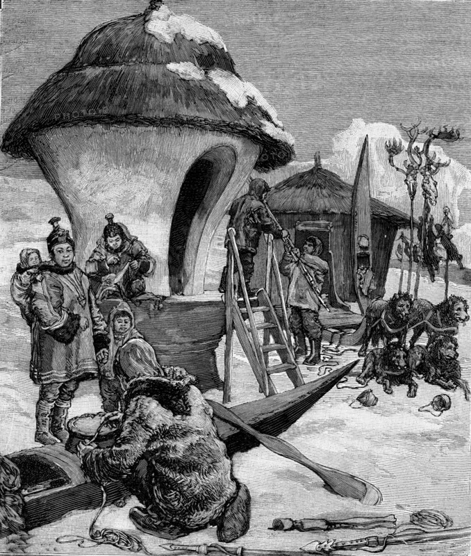 Inuit people building their houses