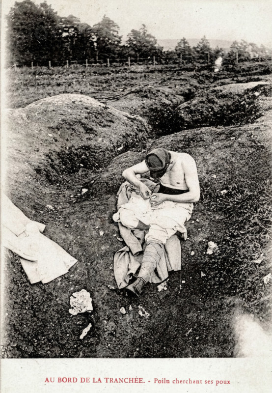 A 'Poilu' Taking out his Lice in the Trench