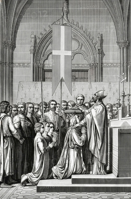 L'évêque de Paris bénit Saint Louis avant son départ en croisade.