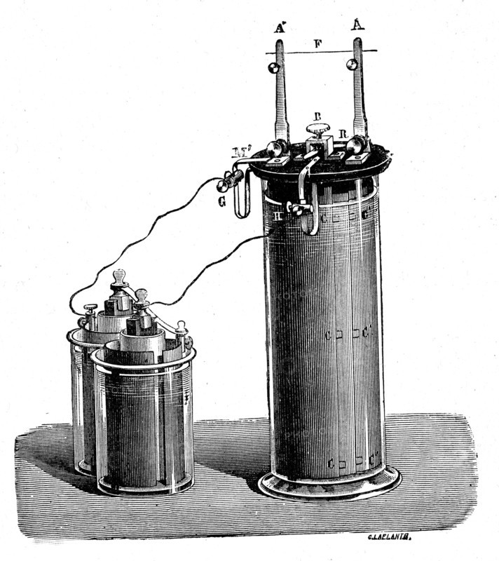 Accumulators. Fig 1 : Charging batteries. Fig 2 : Large glass vase containing lead leaves.  From artwork " Physique populaire " by Emile Desbeaux. Paris
1891