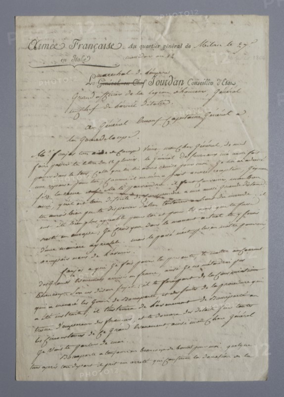 Manuscript written by Marshal Jourdan, announcement made to General Ernouf (27 Messidor, Year XII)