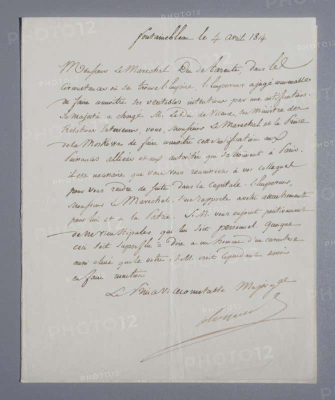 Marshal Berthier's letter to Marshal of Tarente concerning Napoleon's abdication