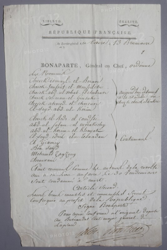 Ordre de condamnation à mort des cheiks de la révolte du Caire (13 Brumaire An VII)