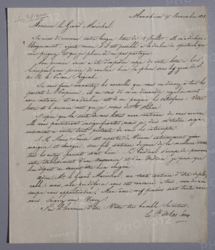 Autograph letter written by Las Cases to Grand Marshal Bertrand (1818)