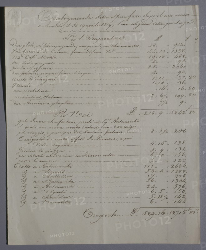 Manuscrit d'Antonio Buonavitta concernant les vivres et objets à amener à l'Empereur Napoléon 1er (1819)